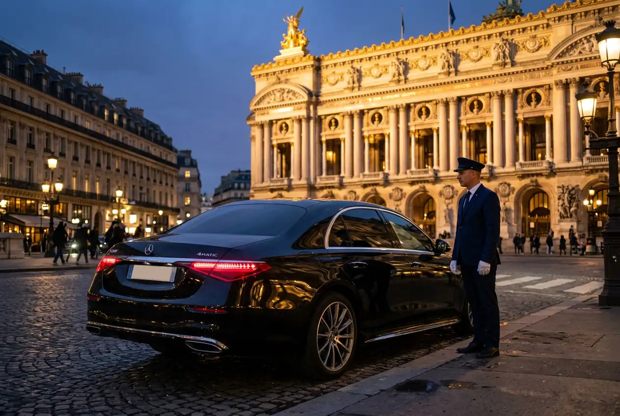 Black Mercedes S-Class outside Opéra Garnier Paris — Dahab First Class