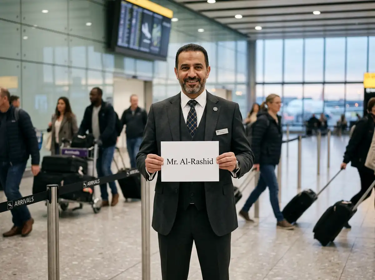 Dahab driver holding a Mr. Al-Rashid name sign in the airport arrivals area