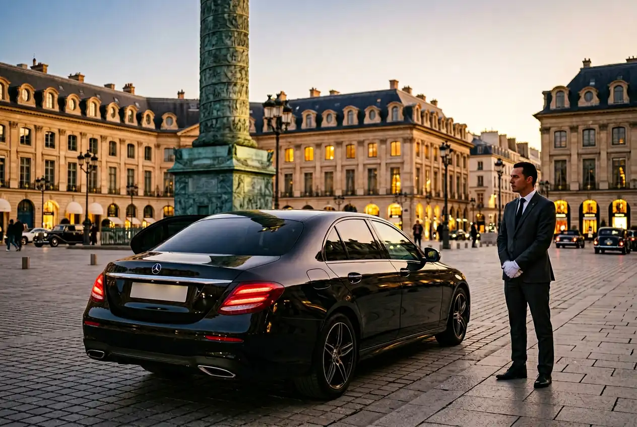 Mercedes Classe E noire garée dans une rue parisienne — Dahab Business Class
