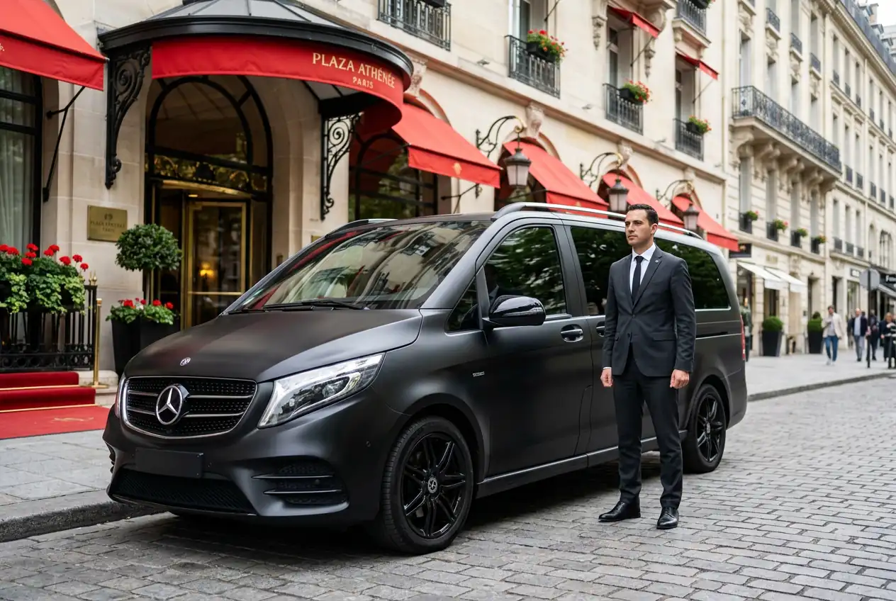Mercedes Classe V devant l'Hôtel Plaza Athénée, chauffeur Dahab ouvrant la portière