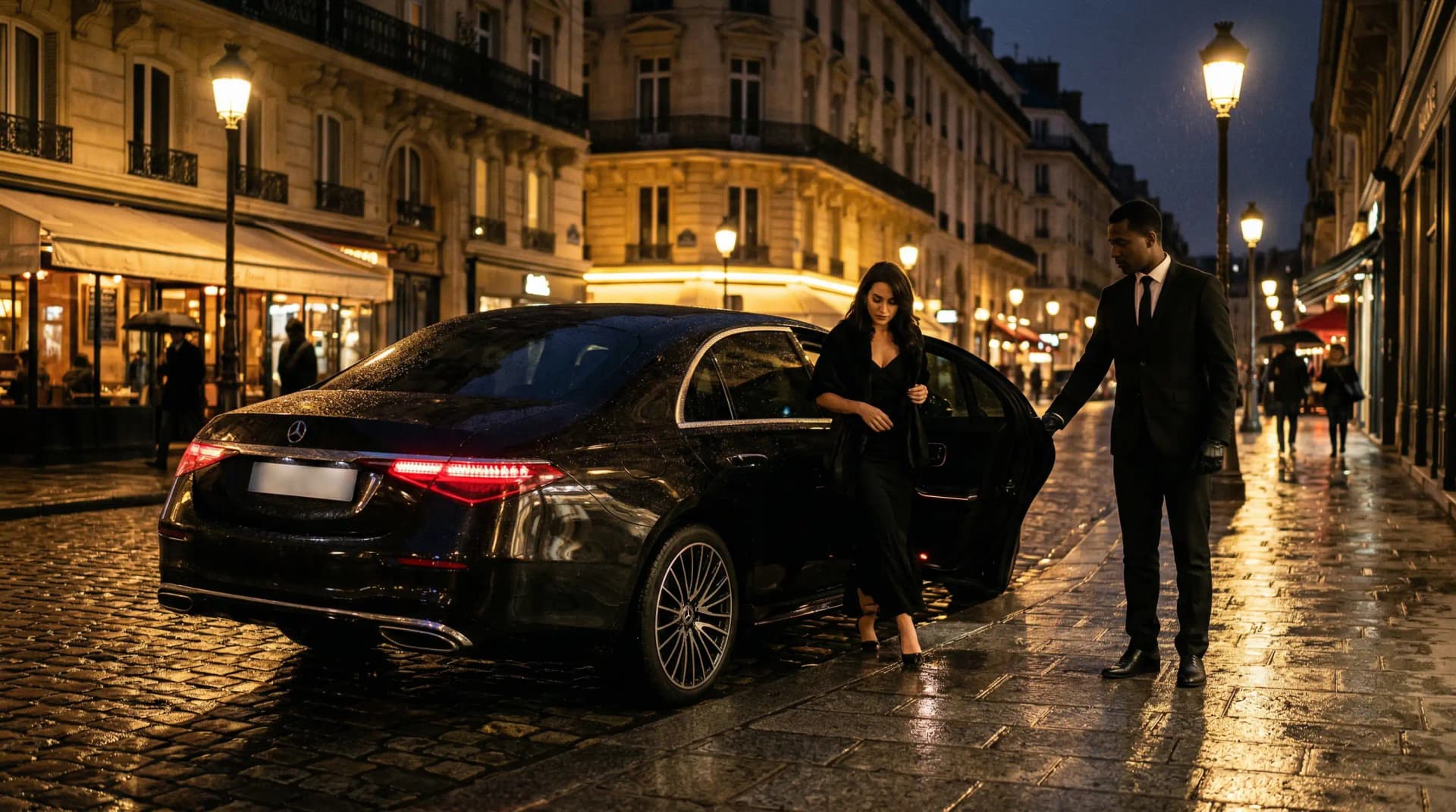 Chauffeur Dahab ouvrant la portière d'une Mercedes Classe S noire sur un boulevard parisien de nuit