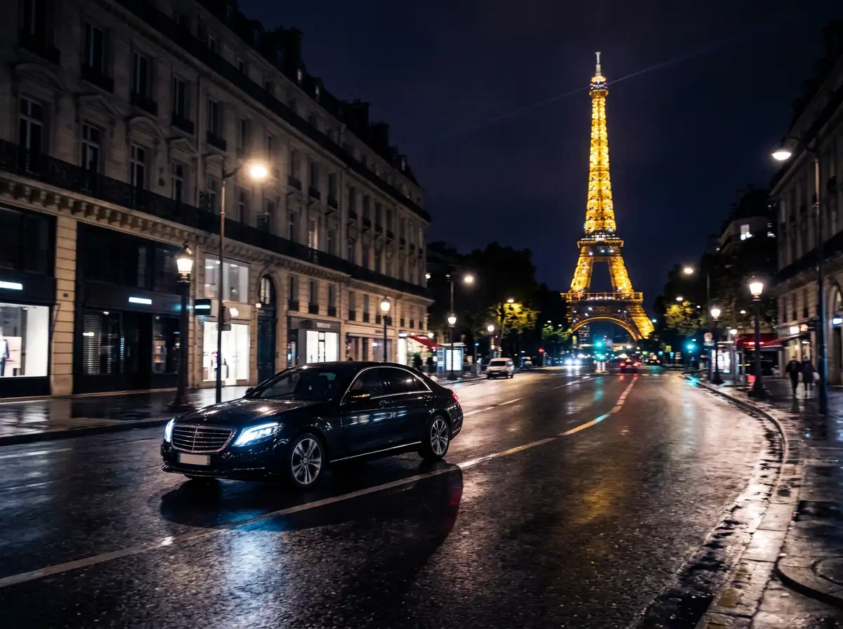 Berline de luxe noire Dahab devant la Tour Eiffel illuminée de nuit, Paris