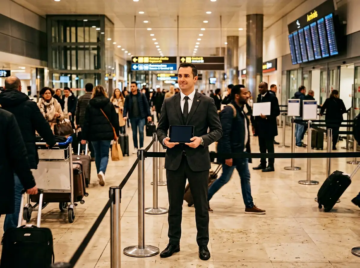 Chauffeur Dahab en costume dans le hall d'arrivée de l'aéroport CDG, berline noire visible à travers les portes